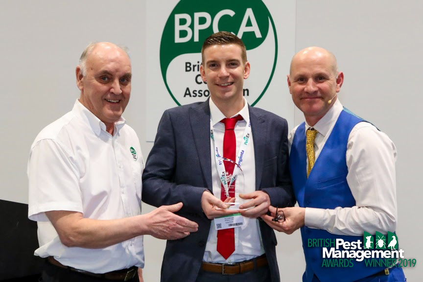 George Rickwood getting his award George Rickwood of Rokill (centre) with Kevin Higgins, a member of the BPMA’s judging panel (left) and event host, TV wildlife presenter Mike Dilger.